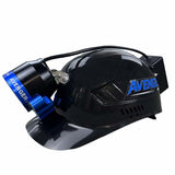 Black and blue protective headlamp helmet with a front-mounted LED light, featuring the brand name 'AVENGER' printed in blue on the side and light housing, set against a plain white background - Coon Hunter Supply